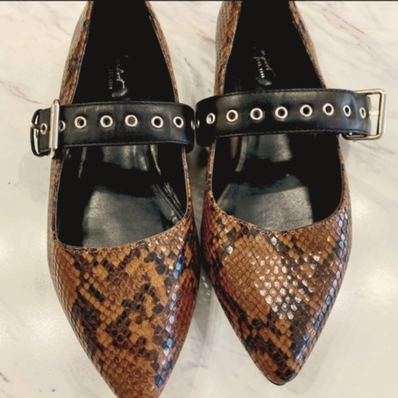 C EST Shoes - SUPER EDGY New With Tag C EST. 1946 Brown Snakeskin pointed flats with straps.